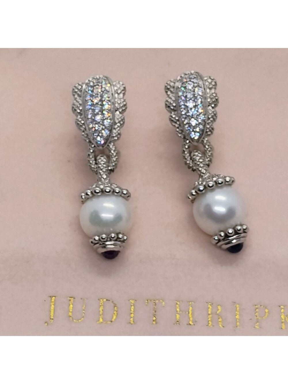 Judith Ripka Sterling Silver CZ Rhinestone Pearl Garnet Dangle Earrings